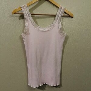 Vavonne Lace Trim Ribbed Camisole Tank Top Pale Pink  Romantic Coquette Size M